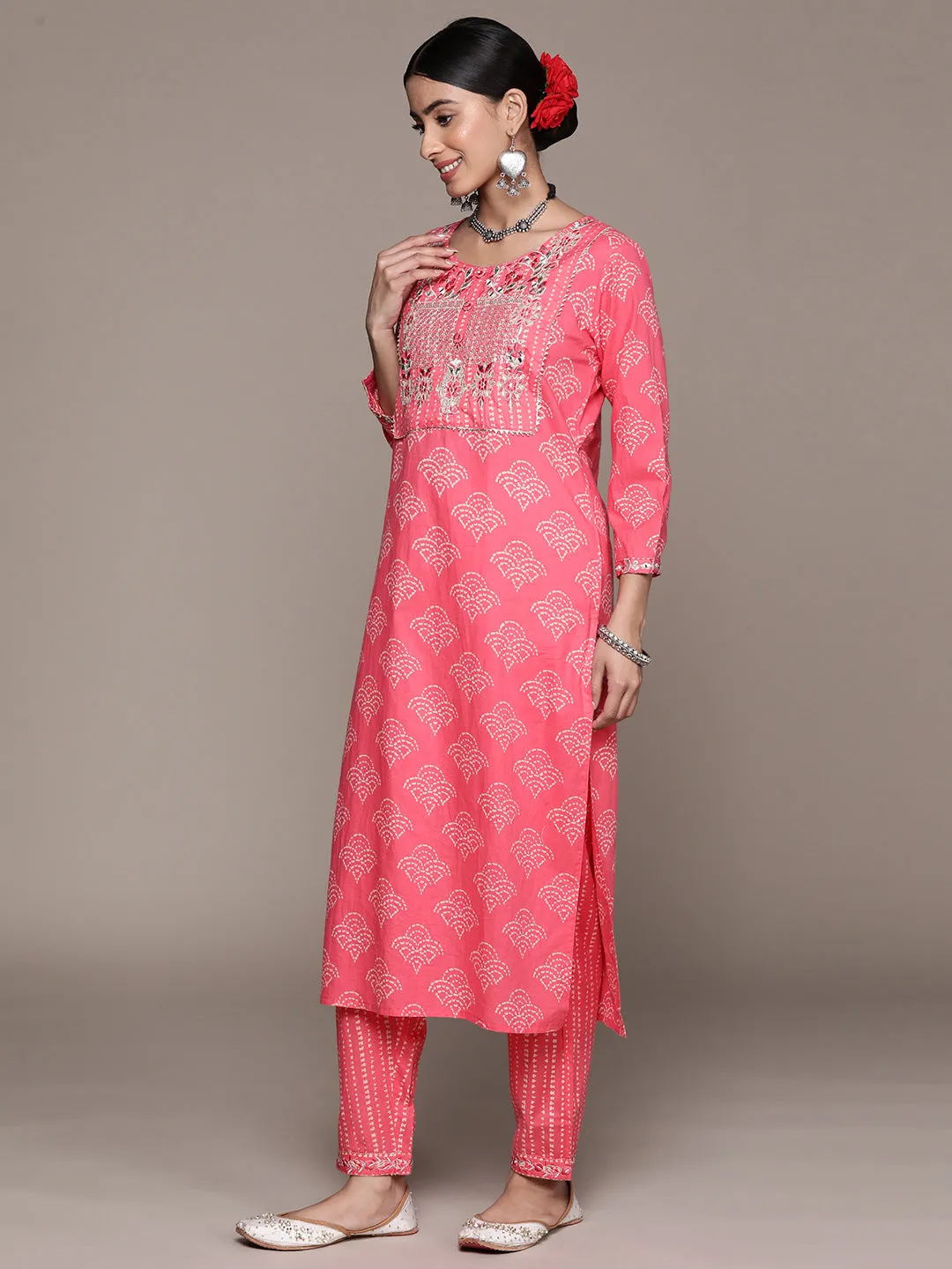 Ishin Women's Pink Embroidered Regular Gotta Patti Kurta Set with Pants & with Dupatta