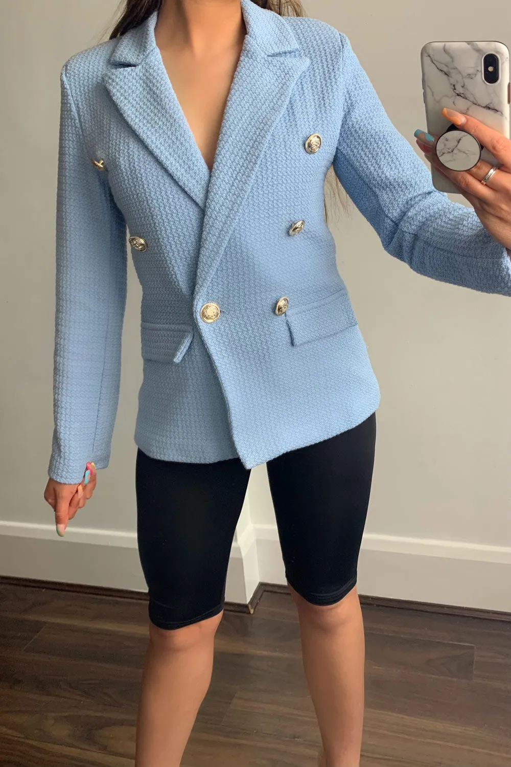 Jess Blue Waffle Textured Tailored Button Detail Blazer