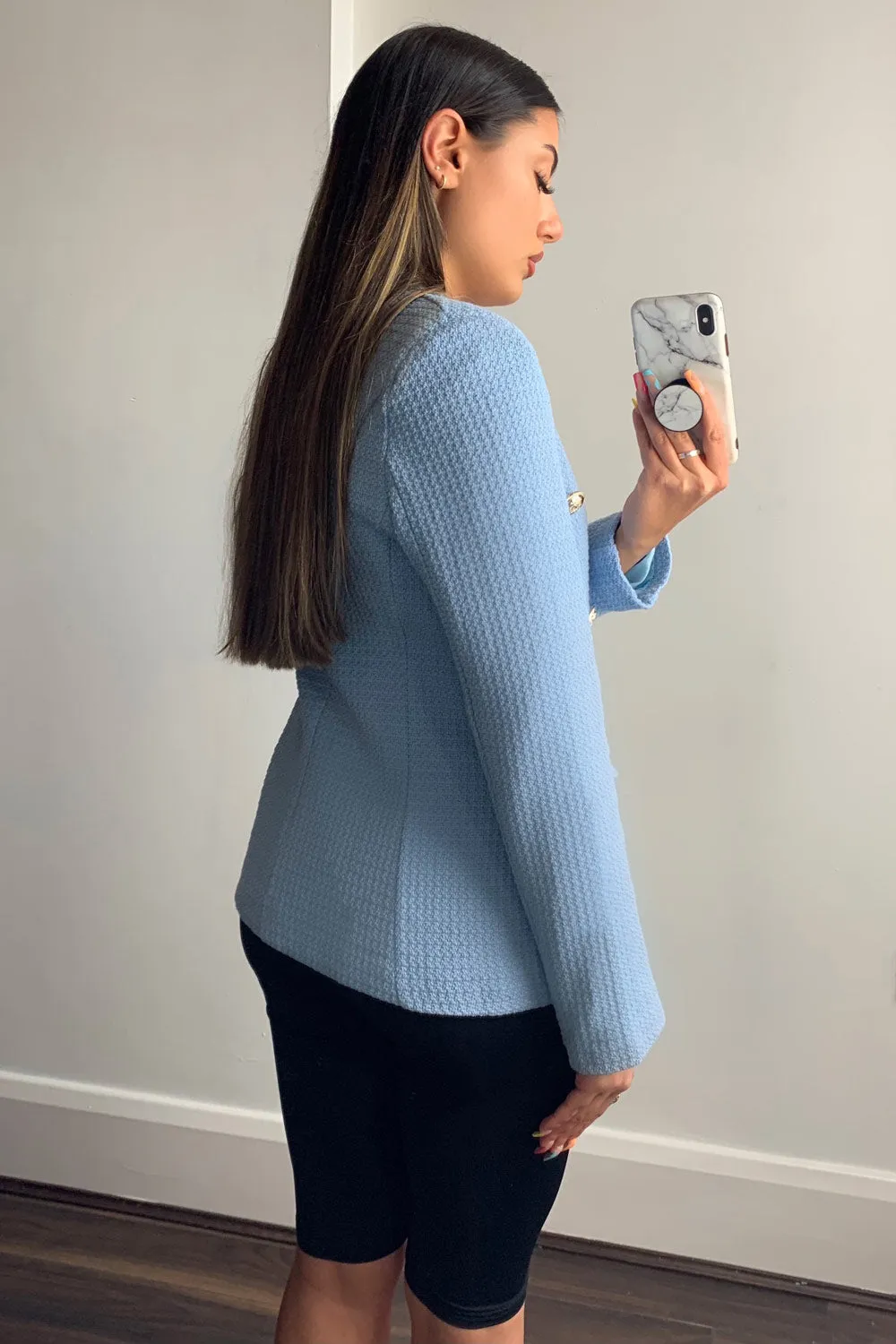 Jess Blue Waffle Textured Tailored Button Detail Blazer