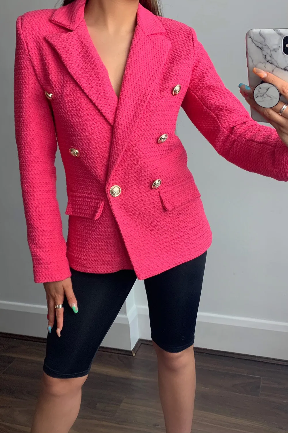 Jess Hot Pink Waffle Textured Tailored Button Detail Blazer