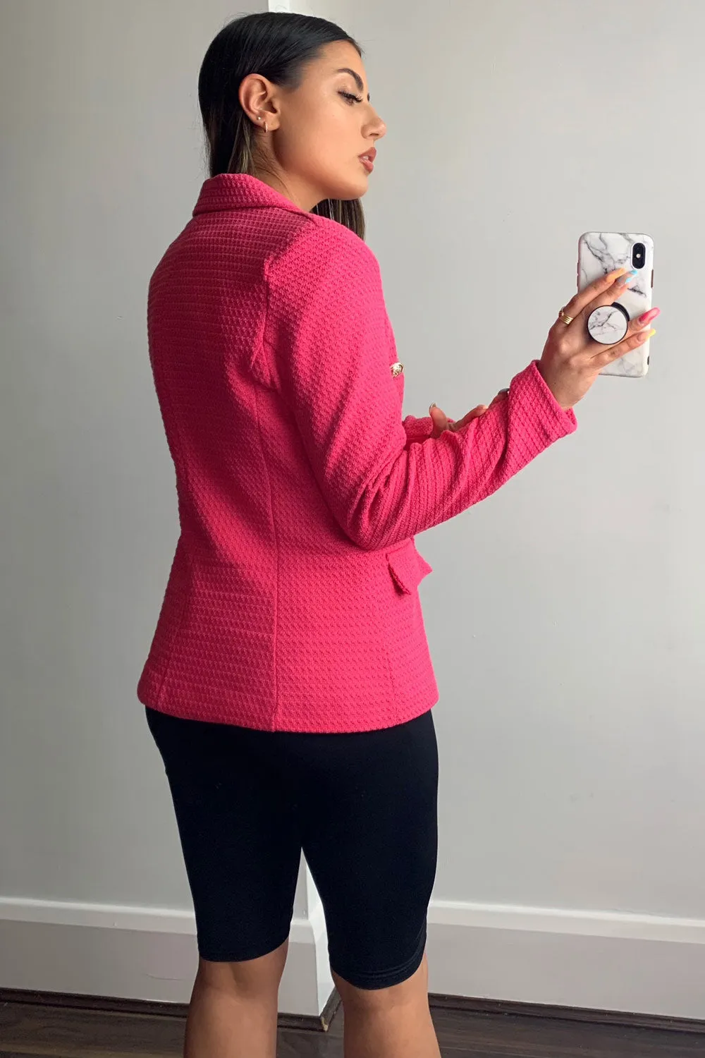 Jess Hot Pink Waffle Textured Tailored Button Detail Blazer