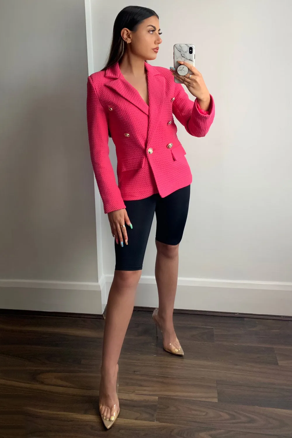 Jess Hot Pink Waffle Textured Tailored Button Detail Blazer