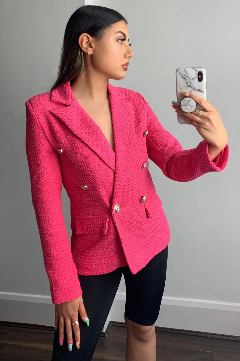 Jess Hot Pink Waffle Textured Tailored Button Detail Blazer