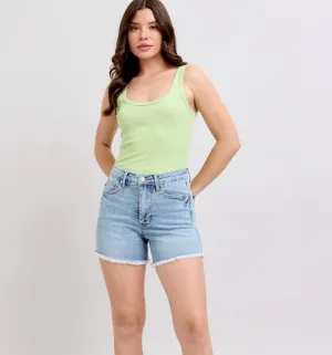 Judy Blue HW Tummy Control Light Destroy And Fray Hem Shorts (S-3XL)