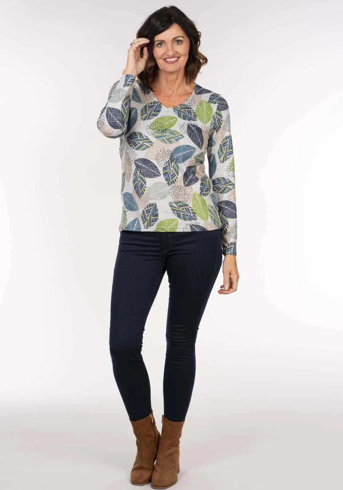 Leaf Print Warm Knit Top - Yellow