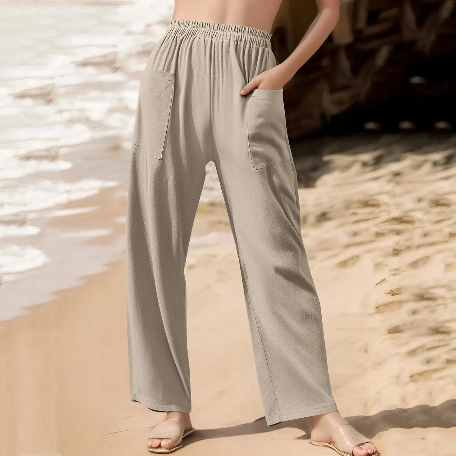 Linen Pants Women Summer Palazzo Pants Elastic High Waist Trouser Travel Wide Leg Pant with Pockets (S-2Xl)