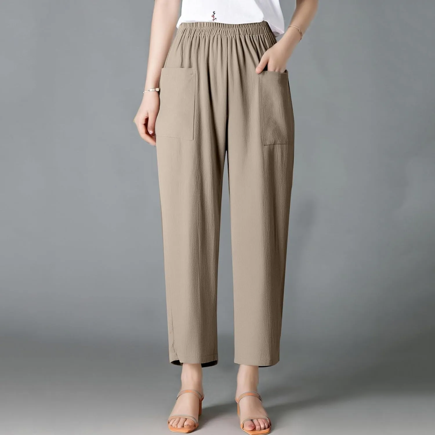 Linen Pants Women Summer Palazzo Pants Elastic High Waist Trouser Travel Wide Leg Pant with Pockets (S-2Xl)