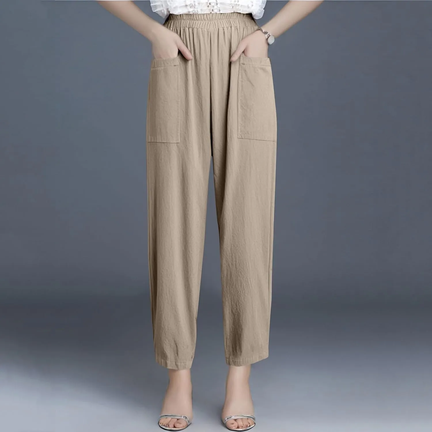 Linen Pants Women Summer Palazzo Pants Elastic High Waist Trouser Travel Wide Leg Pant with Pockets (S-2Xl)