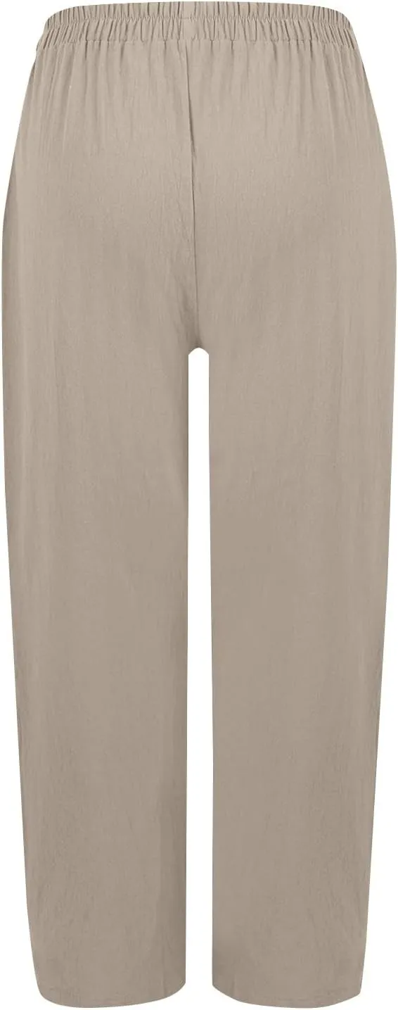 Linen Pants Women Summer Palazzo Pants Elastic High Waist Trouser Travel Wide Leg Pant with Pockets (S-2Xl)