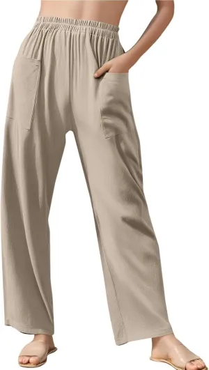 Linen Pants Women Summer Palazzo Pants Elastic High Waist Trouser Travel Wide Leg Pant with Pockets (S-2Xl)