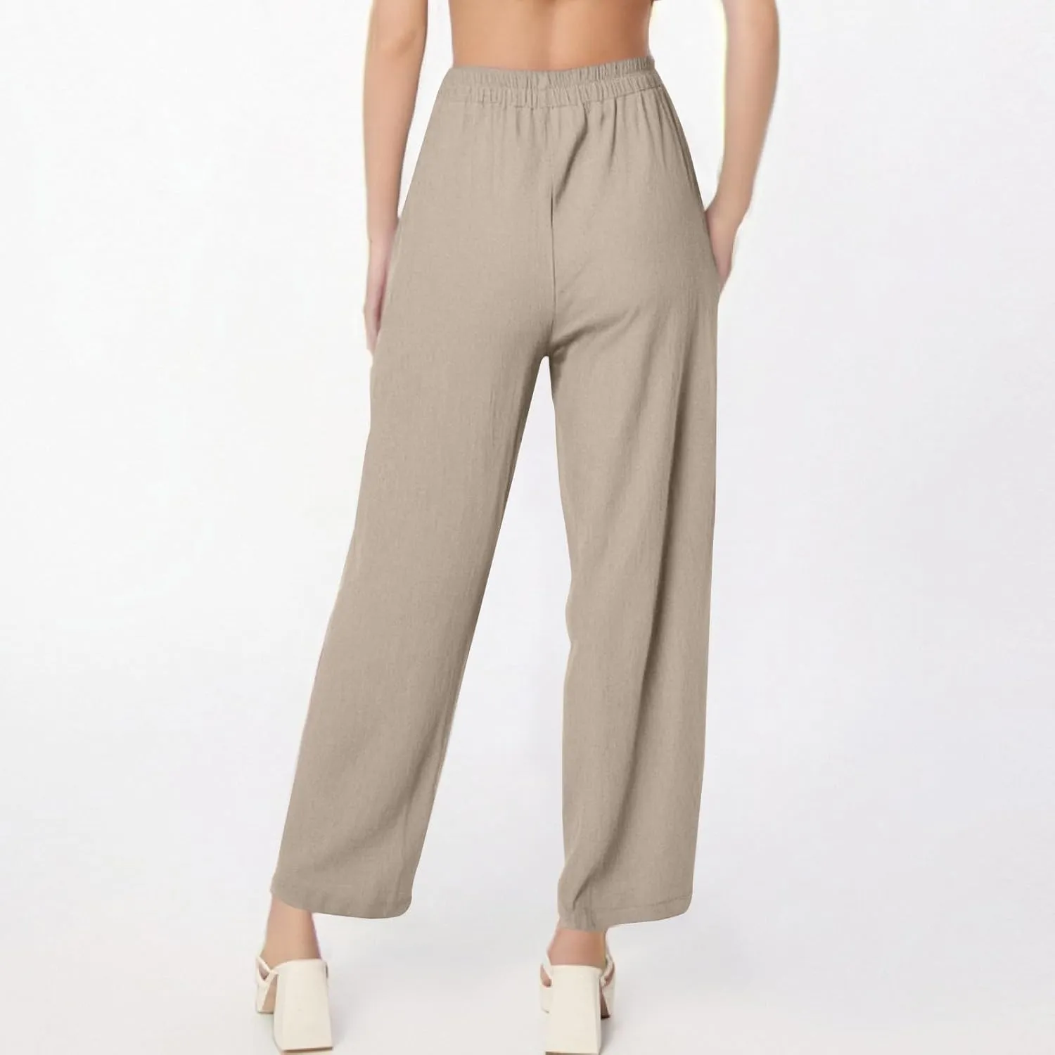 Linen Pants Women Summer Palazzo Pants Elastic High Waist Trouser Travel Wide Leg Pant with Pockets (S-2Xl)