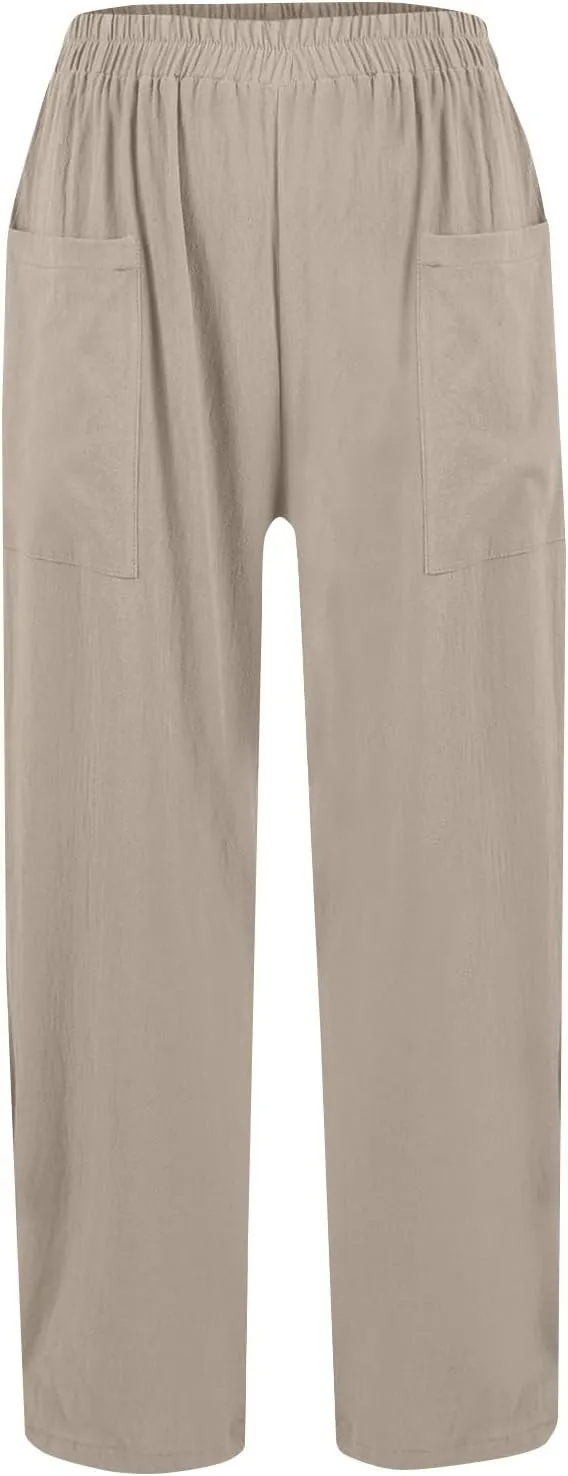 Linen Pants Women Summer Palazzo Pants Elastic High Waist Trouser Travel Wide Leg Pant with Pockets (S-2Xl)