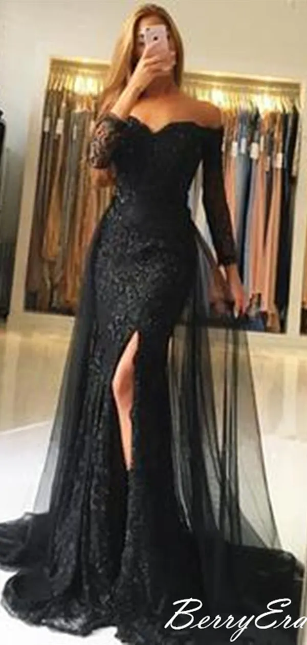 Long Sleeves Slit Prom Dresses, Sequin Lace Prom Dresses, Elegant Prom Dresses