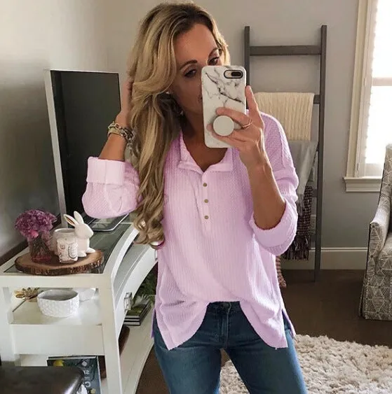 Loose V-neck Pure Color Long Sleeves Buttons T-shirt