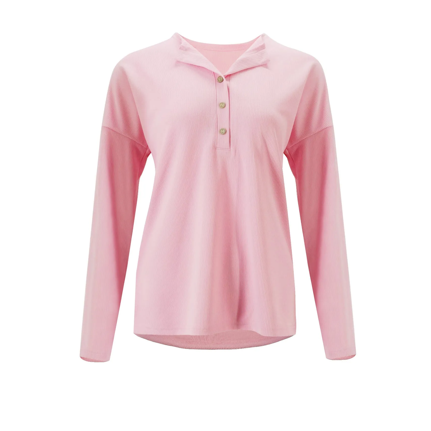 Loose V-neck Pure Color Long Sleeves Buttons T-shirt