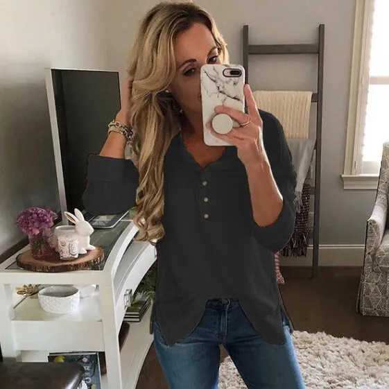 Loose V-neck Pure Color Long Sleeves Buttons T-shirt
