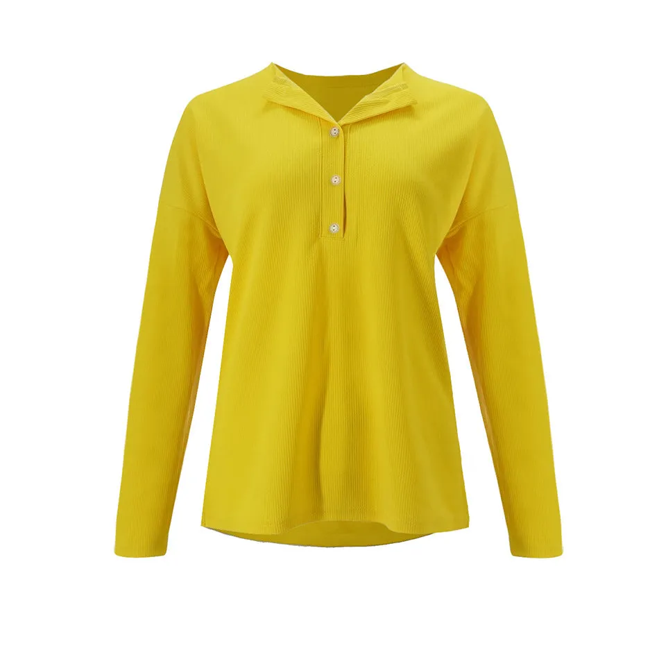 Loose V-neck Pure Color Long Sleeves Buttons T-shirt
