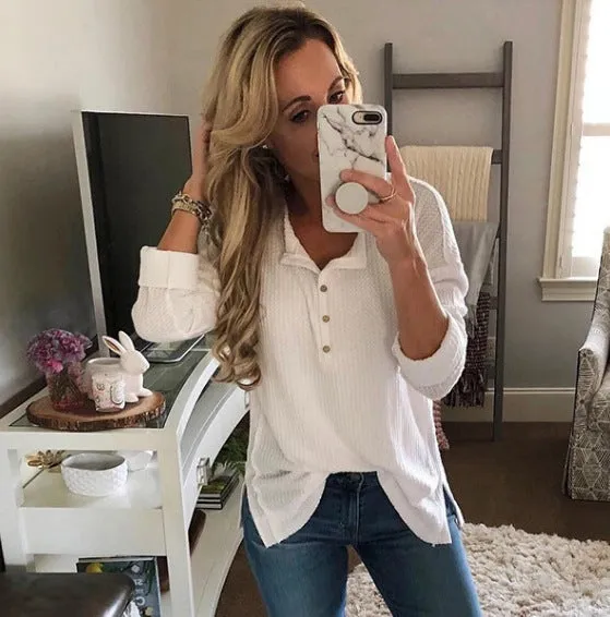 Loose V-neck Pure Color Long Sleeves Buttons T-shirt