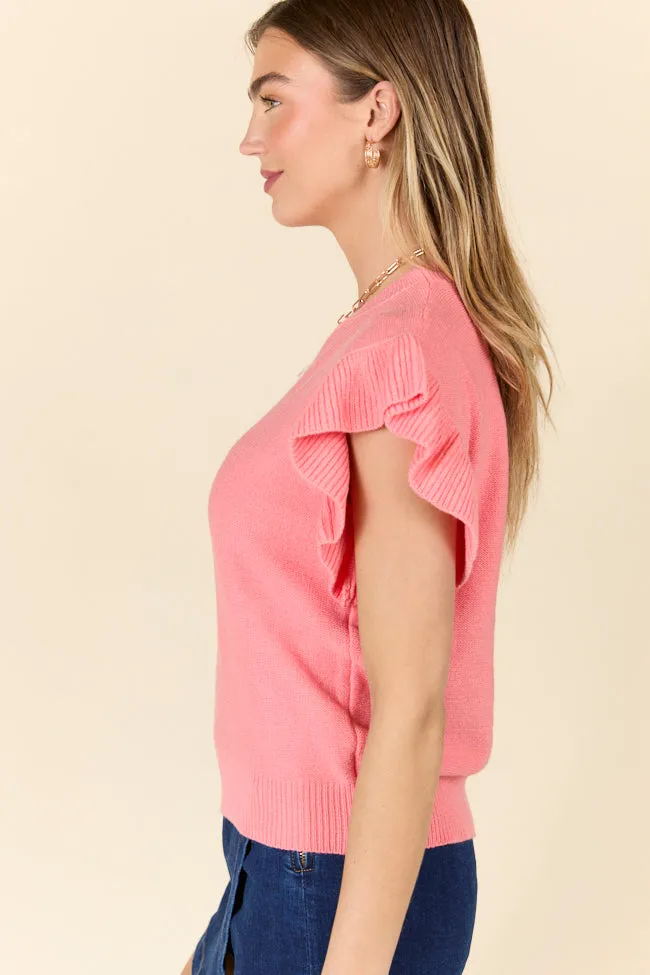 Make A Statement Coral Ruffle Short Sleeve Sweater