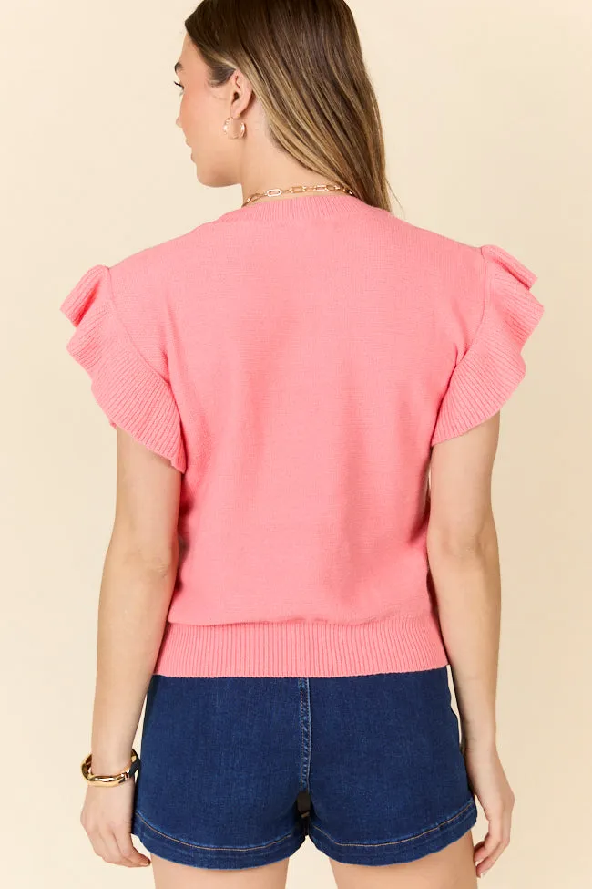 Make A Statement Coral Ruffle Short Sleeve Sweater