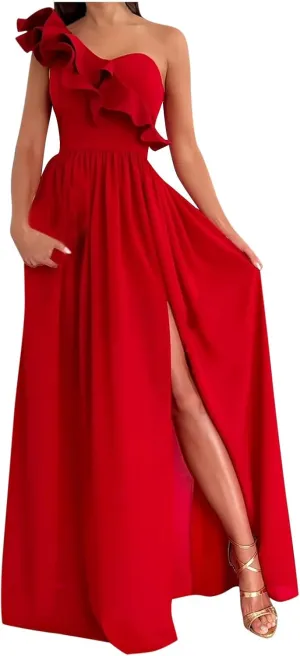 Maxi Dresses for Women One The Shoulder Dress Flowy Long Dresses Sexy Split Party Dress Trendy Ruffle Sundresses