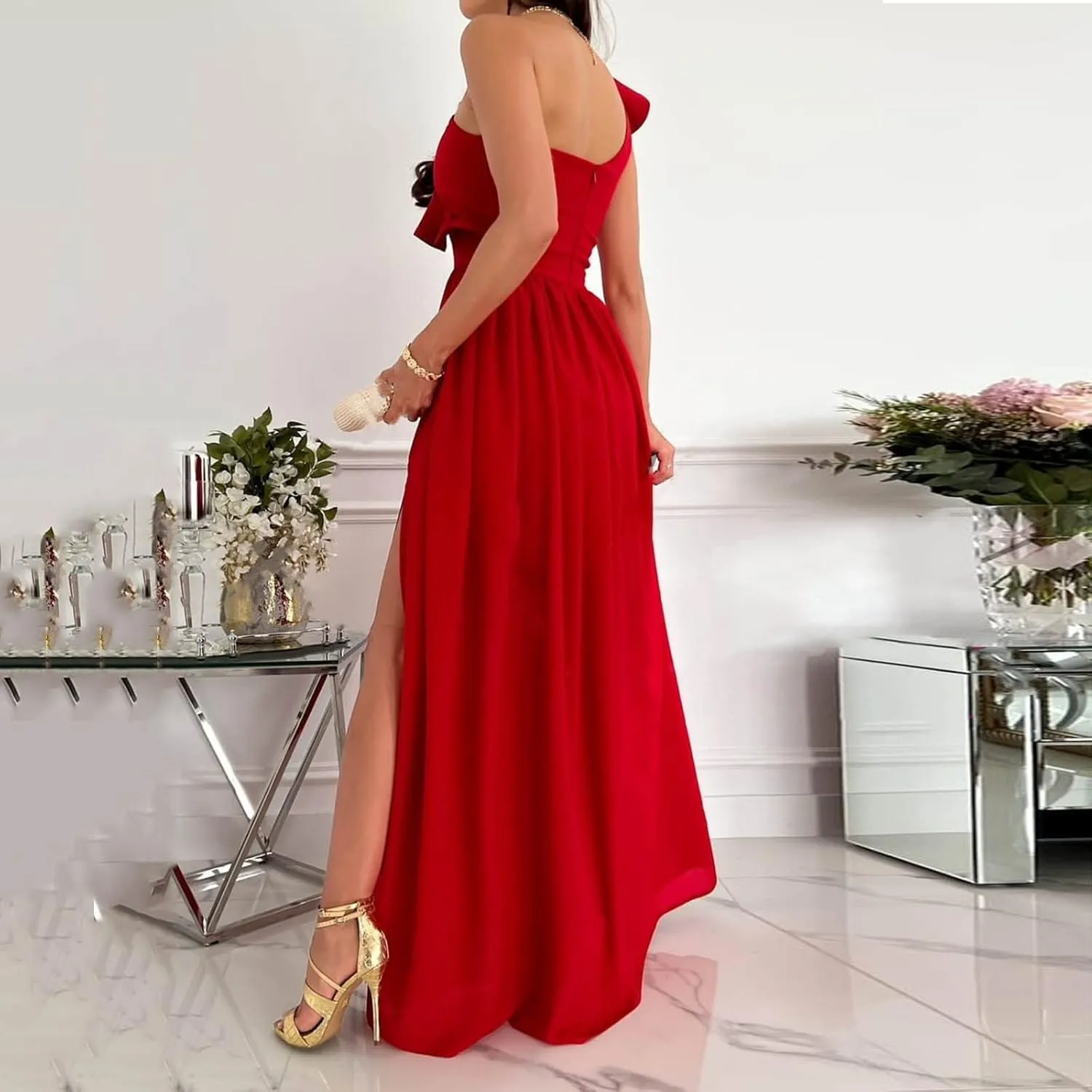 Maxi Dresses for Women One The Shoulder Dress Flowy Long Dresses Sexy Split Party Dress Trendy Ruffle Sundresses