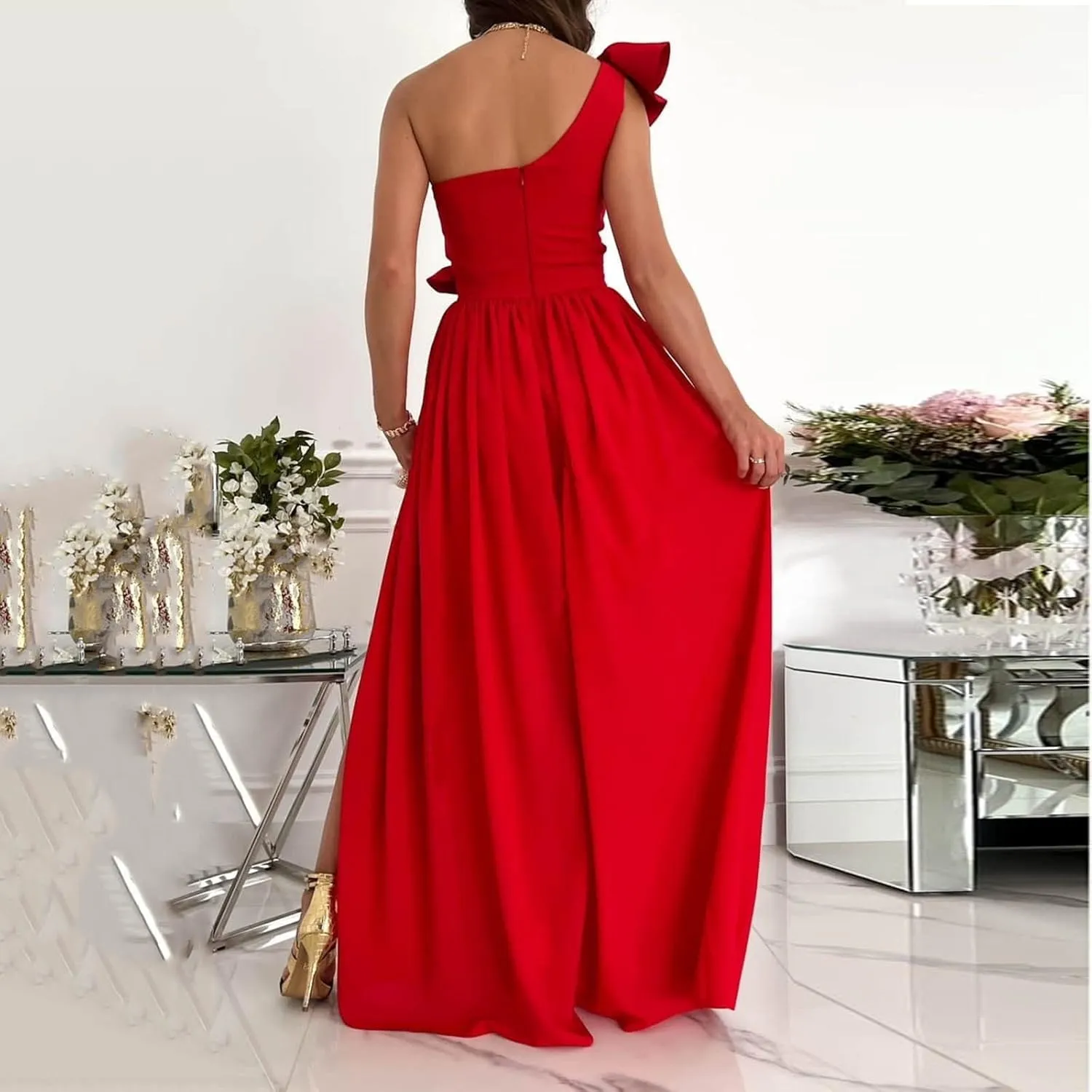 Maxi Dresses for Women One The Shoulder Dress Flowy Long Dresses Sexy Split Party Dress Trendy Ruffle Sundresses