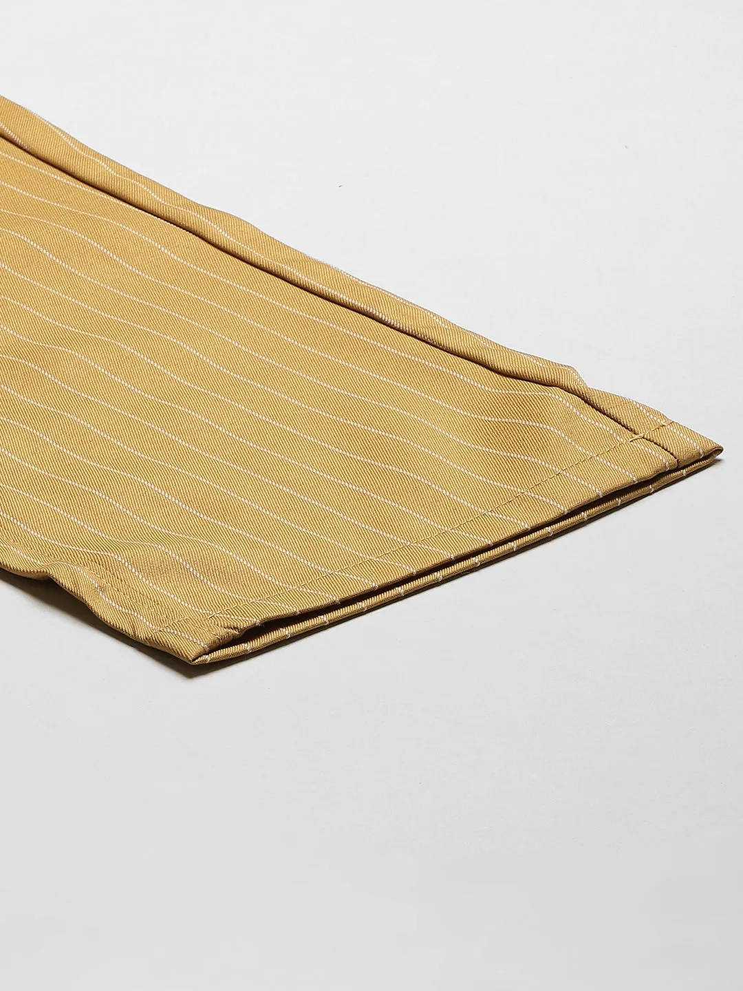 Men's Cotton Blend Gold & Offwhite Striped Formal Trousers - Sojanya