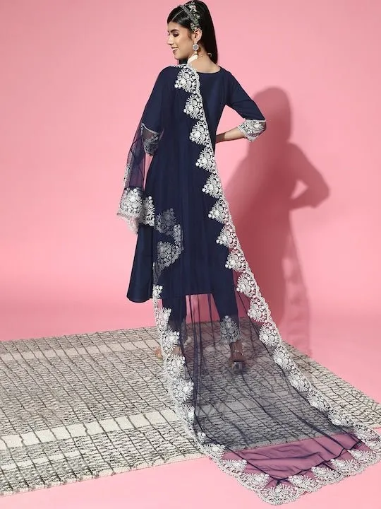 Navy Blue Cotton Blend Solid with Salwar Kameez Duppata