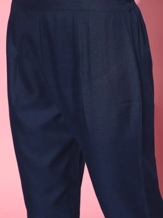 Navy Blue Cotton Blend Solid with Salwar Kameez Duppata