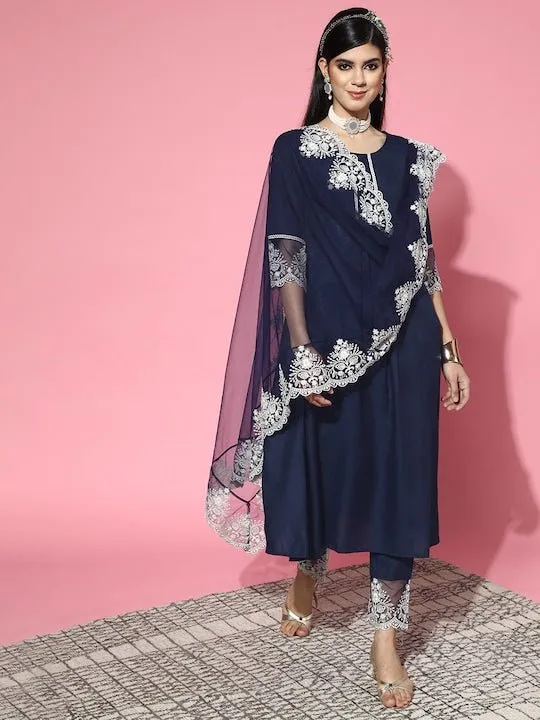 Navy Blue Cotton Blend Solid with Salwar Kameez Duppata