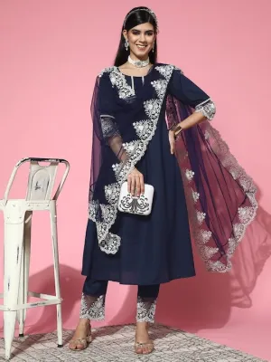 Navy Blue Cotton Blend Solid with Salwar Kameez Duppata