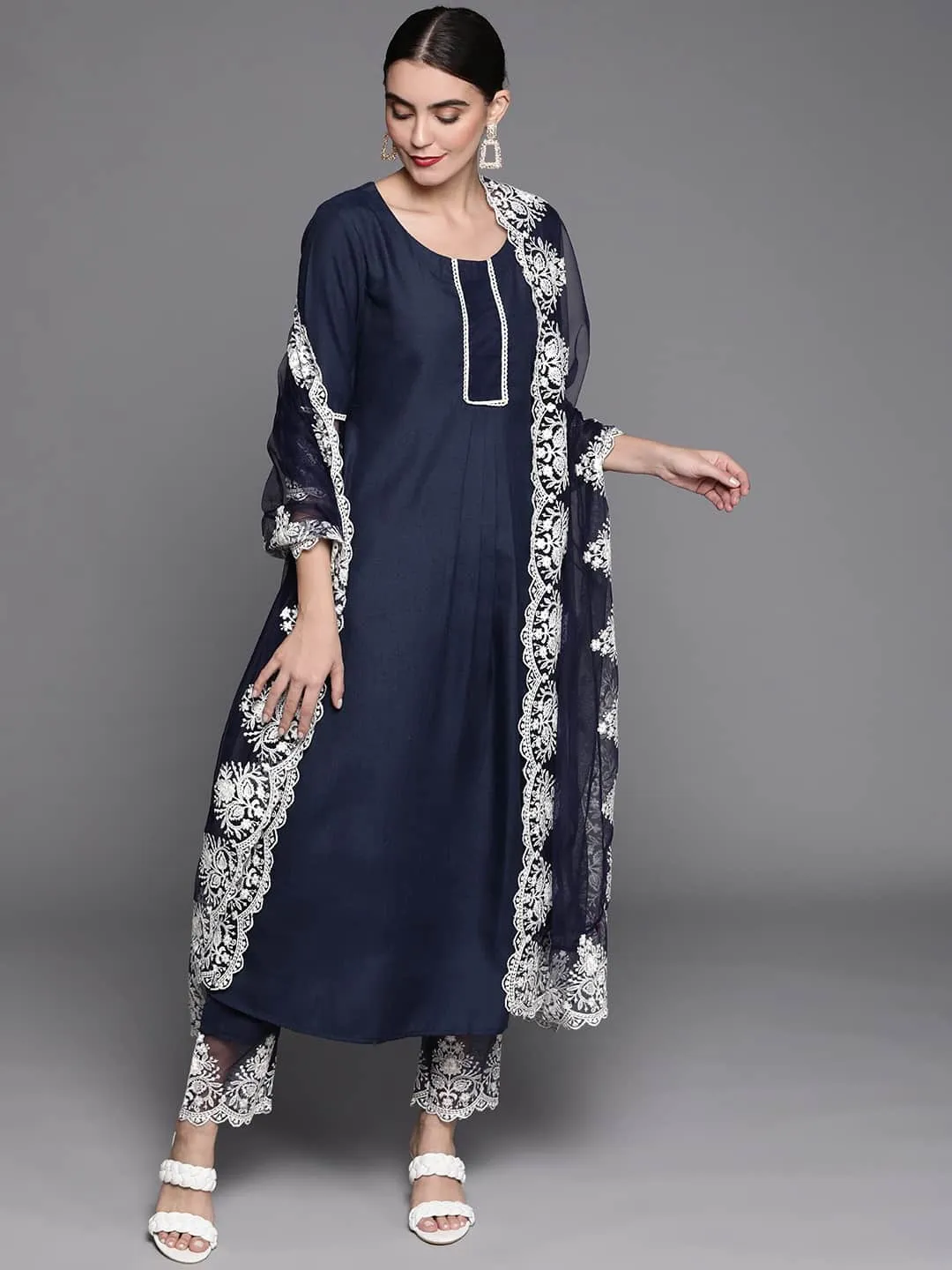 Navy Blue Cotton Blend Solid with Salwar Kameez Duppata