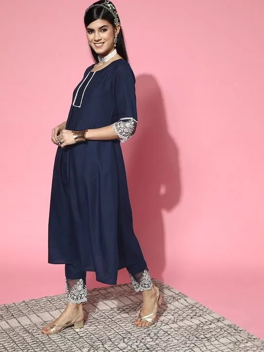Navy Blue Cotton Blend Solid with Salwar Kameez Duppata