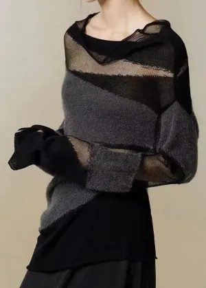 New Black Turtleneck Tulle Patchwork Thin Knit Sweaters Fall LY9031
