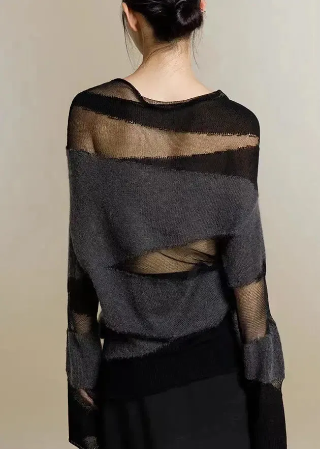 New Black Turtleneck Tulle Patchwork Thin Knit Sweaters Fall LY9031