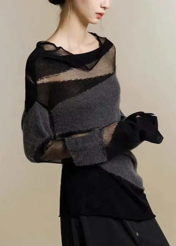 New Black Turtleneck Tulle Patchwork Thin Knit Sweaters Fall LY9031