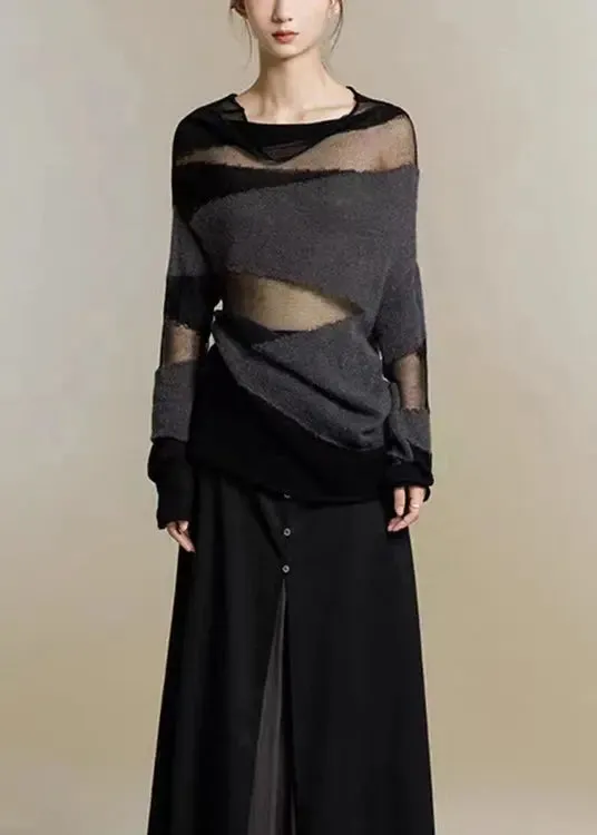 New Black Turtleneck Tulle Patchwork Thin Knit Sweaters Fall LY9031