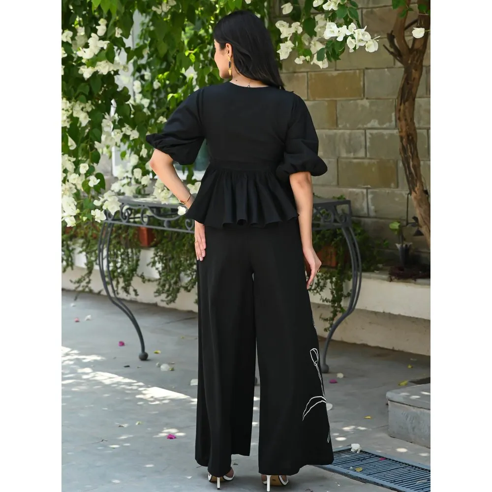 ORDINAREE Jet Black Embroidered Chic Co-Ord (Set of 2)