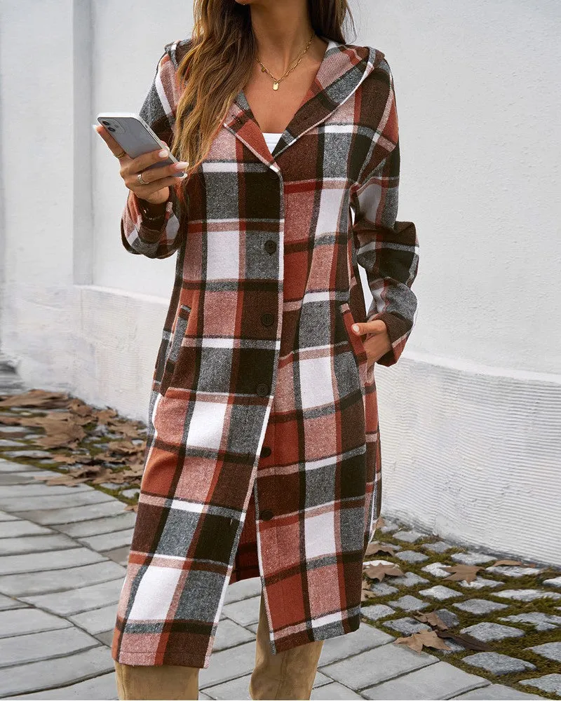 Plaid Pattern Button Down Pocket Design Longline Hooded Coat
