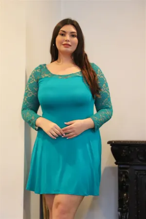 Plus Lace Detail Long Sleeve Mini Dress in Teal