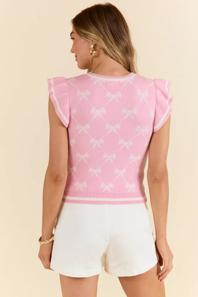 Pretty In Pink Bow Print Short Sleeve Sweater