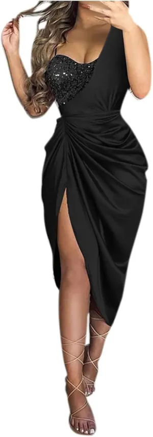 Prom Dresses for Women 2024 One Shoulder High Split Ruched Bodycon Cocktail Sequin Elegant Evening Party Midi Dress