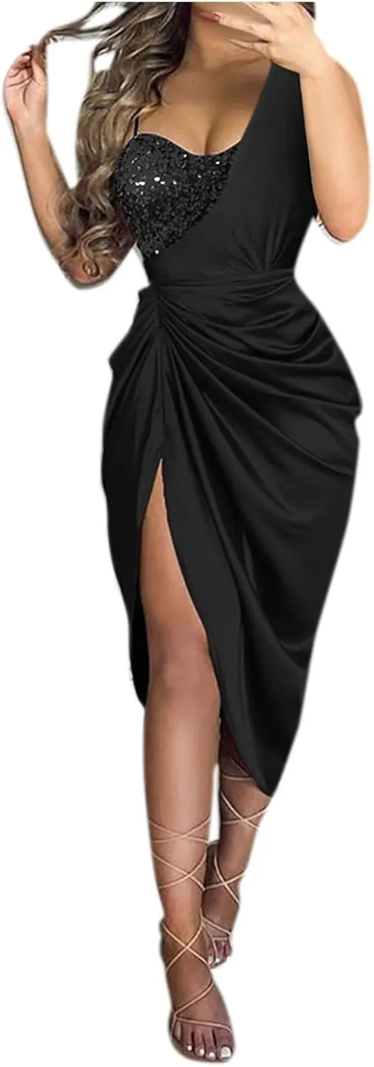 Prom Dresses for Women 2024 One Shoulder High Split Ruched Bodycon Cocktail Sequin Elegant Evening Party Midi Dress