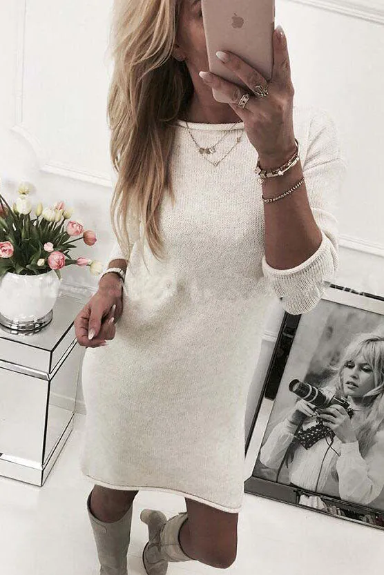 Pure Color Long Sleeves Big Scoop Long Sweater