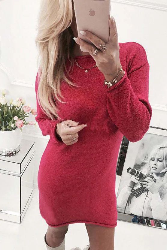 Pure Color Long Sleeves Big Scoop Long Sweater