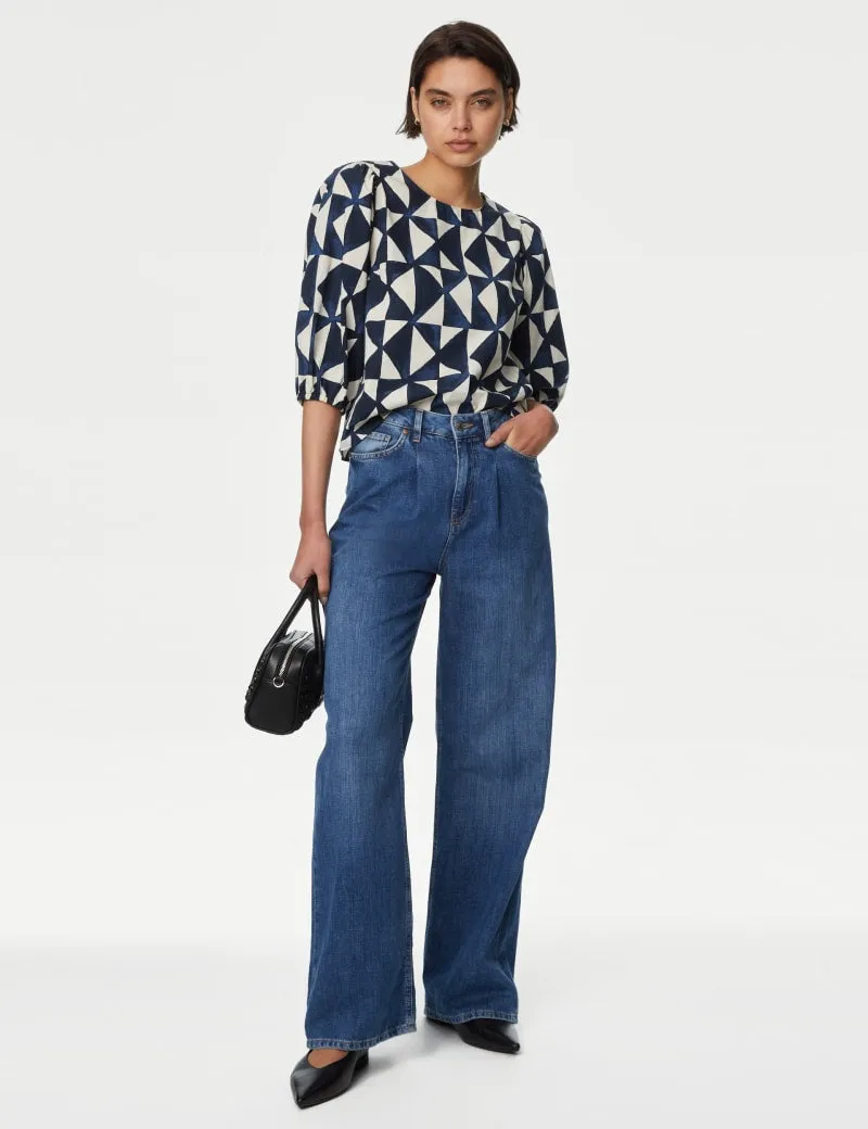 Pure Cotton Round Neck Puff Sleeve Blouse