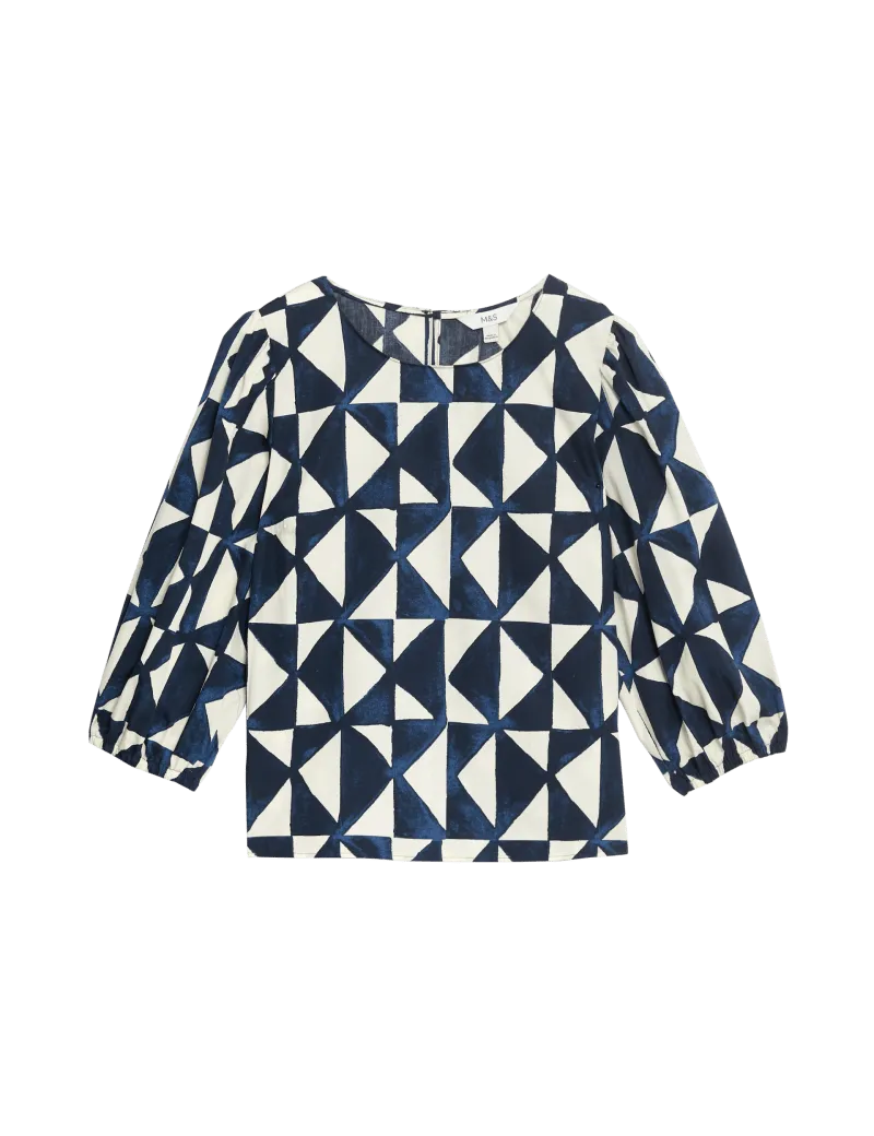 Pure Cotton Round Neck Puff Sleeve Blouse