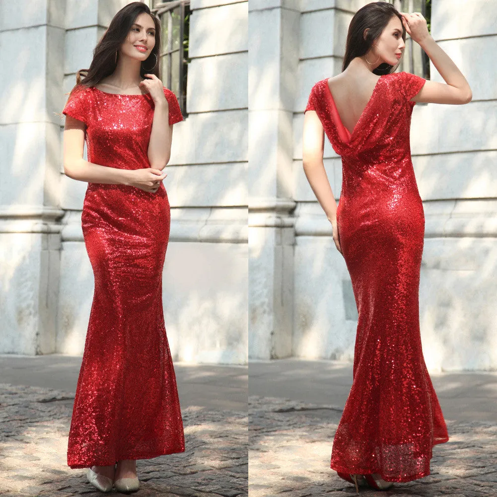 Sequins Drop Back Long Mermaid Bridesmaid Dress