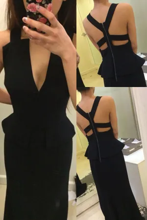 Sexy Black Long Mermaid Backless Deep V-neck Simple Prom Dresses PFP1136
